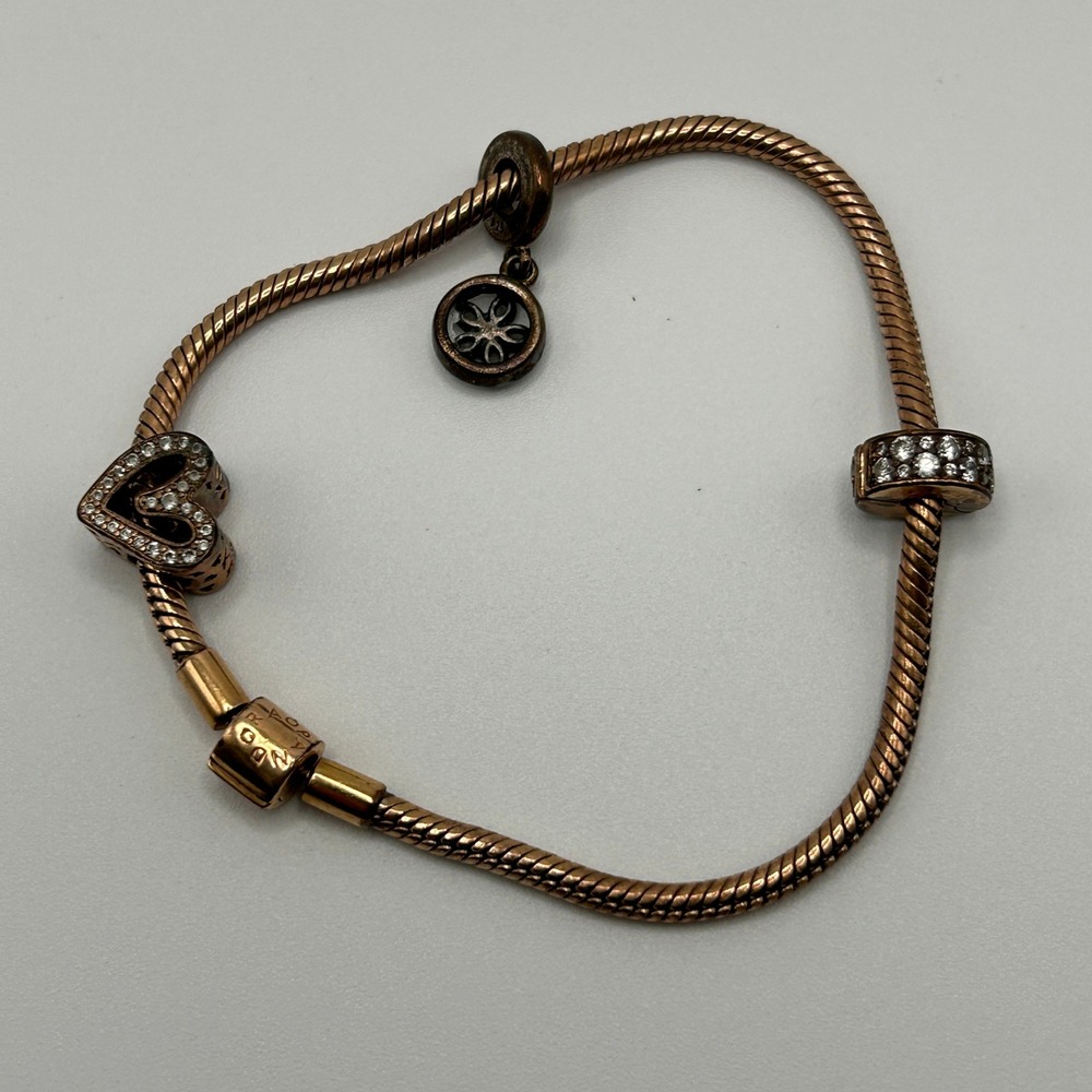 Pandora Rose Gold Snake Chain Charm Bracelet Heart CZ Charms 17.5g 7.5 Inch